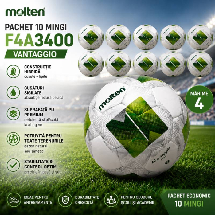 Pachet 10 mingi fotbal Molten F4A3400 Vantaggio, constructie hibrida, cusaturi sigilate, marime 4 [1]