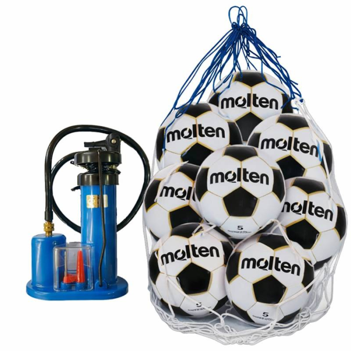 Set of 10 Molten PF540 Footballs Size 5 + BN10 Ball Carry Net + Strong 1517 Pump – Training Set for Schools and Clubs [2]