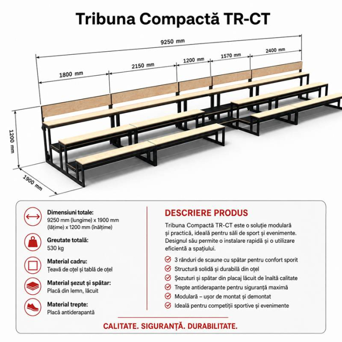 Retractable mobile bleachers TR-CT, 3 rows, 5 modules, 50 seats [10]