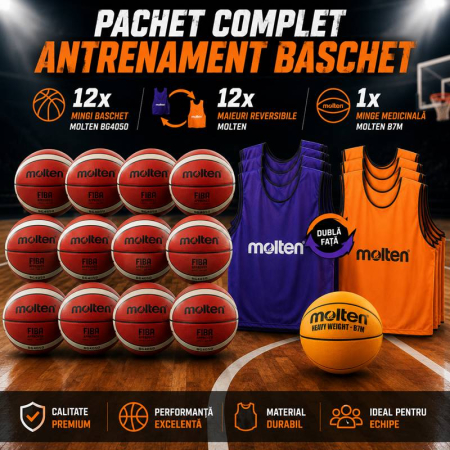 Mingi baschet Molten competiție - Pachet 12 mingi baschet Molten B7G4050, 12 maieuri reversibile GVR Molten, 1 minge medicinala B7M
