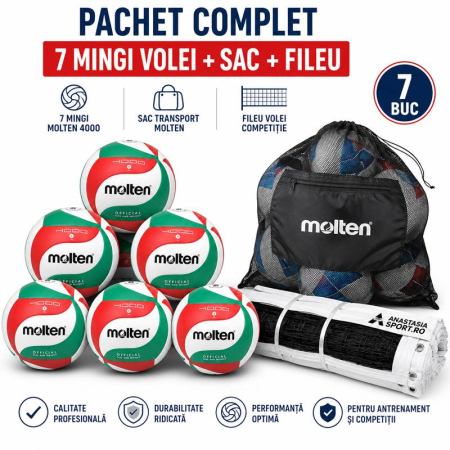Volleyball Training & Competition Set: 7 Molten V5M4000 Volleyballs + Molten SBP Ball Bag + Professional 9.5 × 1 m Volleyball Net