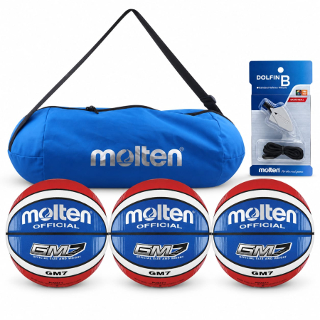 Basketball Training & Development Ball Sets - Set of 3 Molten GMX7-C Basketballs, Size 7 + Carry Bag + Dolfin B Whistle