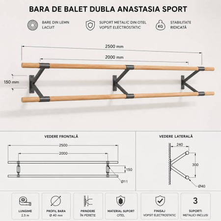 Bara de balet dubla Anastasia Sport, 2,5 m, montaj perete, bare lemn 40 mm [1]