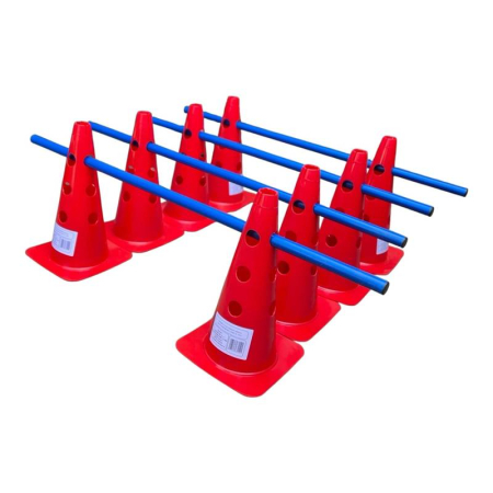 Gardulete antrenament Sportech, set 8 conuri roșii 38 cm + 4 bare albastre 100 cm, PVC flexibil, obstacole reglabilе pentru exerciții de agilitate [2]