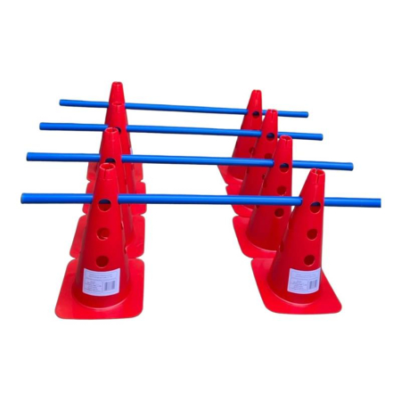 Handbal - Gardulete antrenament Sportech, set 8 conuri roșii 38 cm + 4 bare albastre 100 cm, PVC flexibil, obstacole reglabilе pentru exerciții de agilitate