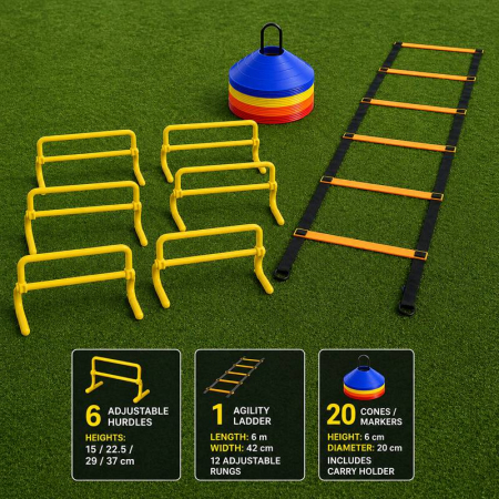 Fitness - Master Sport Agility Training Kit, 6 Adjustable Hurdles, 6 m Agility Ladder, 20 Cones/Markers
