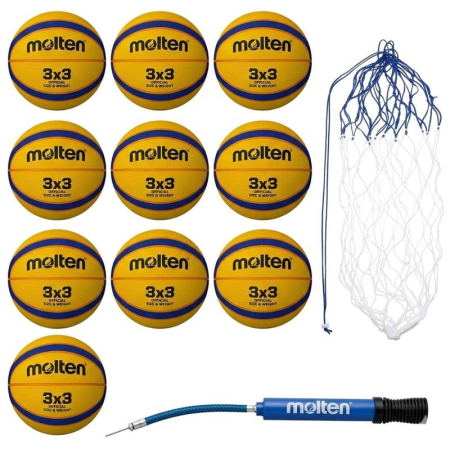 Mingi baschet Molten pentru exterior - Pachet 10 Mingi baschet 3x3 Molten B33T2000 + sac Molten BN10 + pompa Molten DHP21