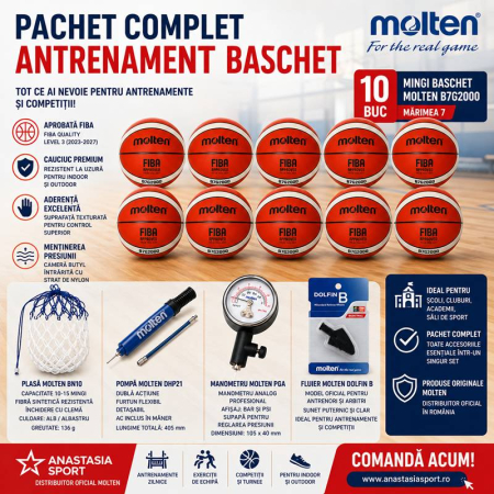 Mingi baschet Molten - Pachet 10 mingi baschet Molten B7G2000 + plasaBN10 + pompa DHP21 + manometru PGA + fluier Dolfin B
