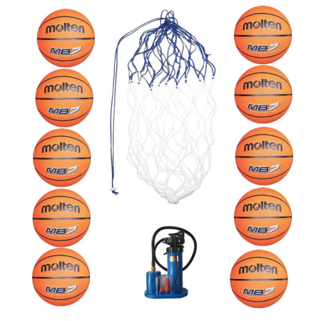 Pachet 10 mingi baschet Molten MB  marime 7 / 6 / 5 + pompa universala  + plasa mingi Molten BN10 – set antrenament baschet