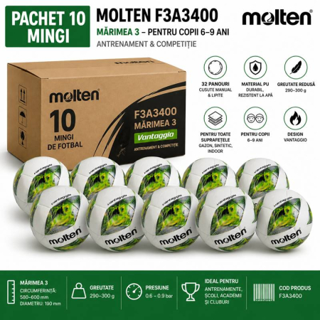 Pachet 10 mingi fotbal Molten F3A3400, marimea 3, copii 6–9 ani, constructie hibrida, cusaturi sigilate [0]