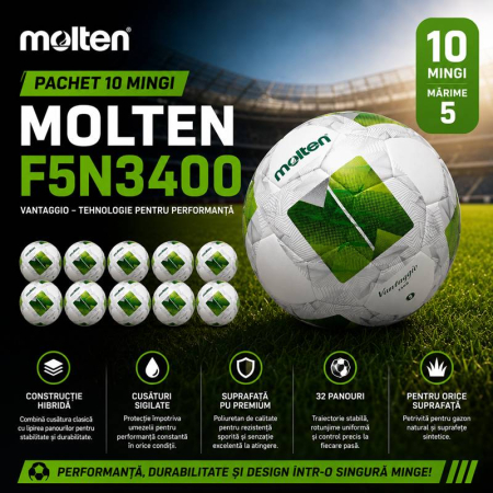 Fotbal- MARIME 3 - Pachet 10 mingi fotbal Molten F5N3400 Vantaggio – constructie hibrida, cusaturi sigilate, marime 5