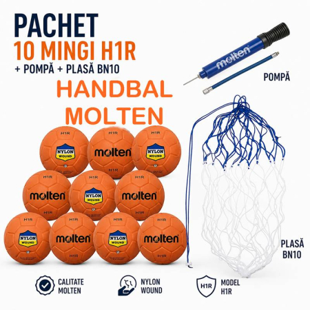 Pachete promo mingi handbal - pentru cluburi si scoli - Pachet 10 mingi handbal Molten H1R marime 1 + pompa Molten DHP21 + plasa BN10