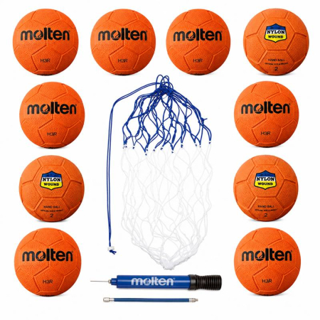 Handbal - MARIME 2 - Pachet 10 mingi handbal Molten H2R si H3R, marimile 2 si 3, cauciuc, cu pompa DHP21 si plasa BN10