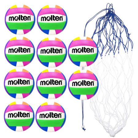 Molten Volleyballs for Training, Schools and Recreational Play - Pack of 10 Molten MS500-Neon outdoor volleyballs + BN10 ball net