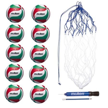 Mingi volei antrenament si agrement - Pachet 10 mingi volei Molten V1500 marimea 5 sau 4 + sac 10 mingi + pompa DHP21