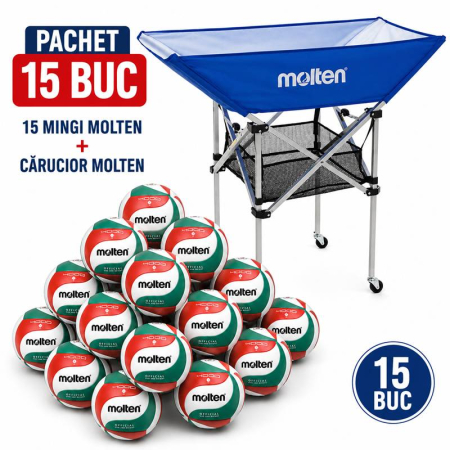 Molten Volleyballs for Training, Schools and Recreational Play - Package of 15 Molten V5M4000 Volleyballs + Molten BK0033-B Folding Ball Cart, Competition & Training