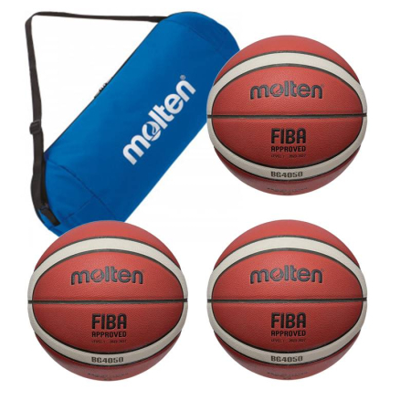 Basketball - Set of 3 Molten BG4050 Basketballs (Size 7 / 6 / 5), FIBA Approved, Official FRB Game Ball + Molten Ball Carry Bag