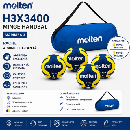 Pachete promo mingi handbal - pentru cluburi si scoli - Molten H3X3400 Size 3 Handball Ball Pack, 4 pcs + Molten Ball Bag for Balls