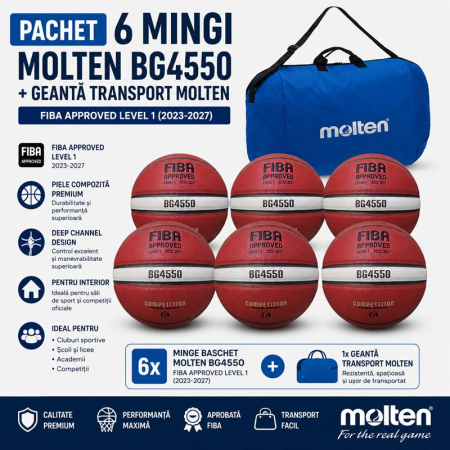 Pachete pentru cluburi baschet - Pachet 6 mingi baschet Molten B6G4550 FIBA Approved + geanta transport Molten