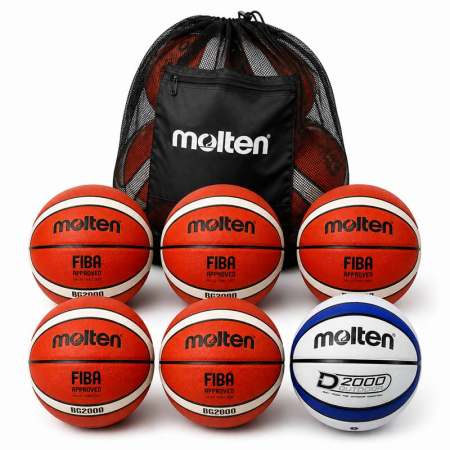 Promotional Molten Basketball Packages for Clubs and Schools - Basketball Training Package, 5 × Molten B7G2000 FIBA Approved Size 7 + 1 × Molten B7D2005 Deep Channel + Molten SPB Ball Bag