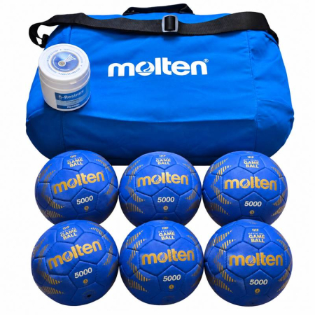 Promotional Molten Handball Ball Packages for Clubs and Schools - Set of 6 Molten H3A5000 Handballs, IHF Official, Size 3, with Bag and 500 ml Resin Gel
