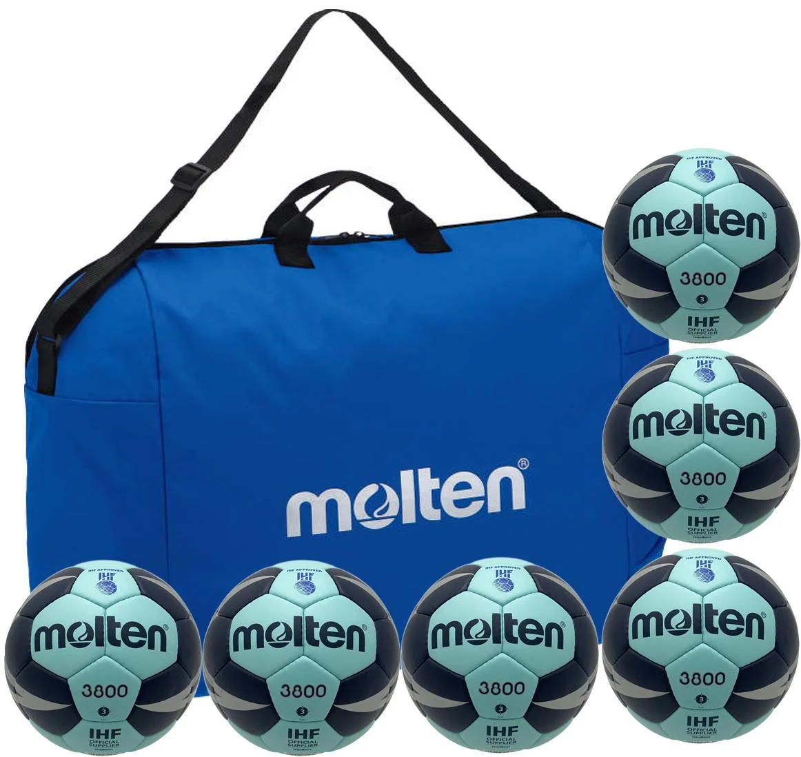 Pachete promo mingi handbal - pentru cluburi si scoli - 6-Pack Handball Set Molten H3X3800, Size 3, IHF Approved + Molten EH0046-B Ball Bag