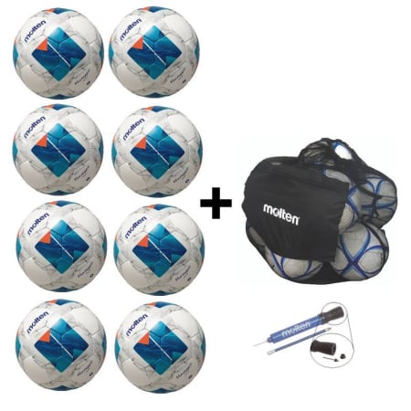 Packages for football clubs - Pack of 8 Footballs Molten FN2810 Size 4 or 5 + Pump DHP21 + Ball Bag SBP, Hand-Stitched, PU Leather