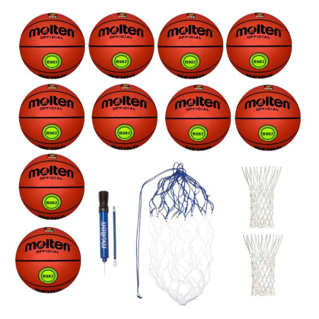 Packages for basketball clubs - Basketball Training Package – 10 Molten B982 Basketballs Size 7 + Ball Carrying Net + Basketball Rim Net + Molten Pump
