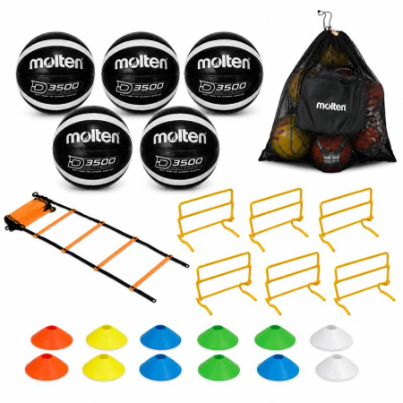 Mingi baschet Molten pentru exterior - Pachet antrenament baschet outdoor – 5 mingi Molten B7D3500-KS mărimea 7 + scăriță agilitate + 6 obstacole reglabile + 12 copete + sac mingi Molten SBP