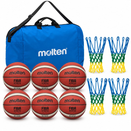 Pachet mingi baschet Molten marime 5 - Molten B5G4050 Basketball Package, 6 FIBA Balls + Molten Bag + 4 Huck Basketball Nets