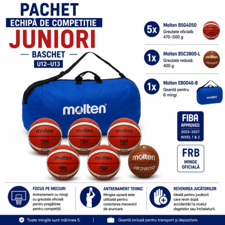 Pachet mingi baschet Molten marime 5 - Pachet baschet Molten Echipa de Competitie Juniori: 5 x B5G4050 + 1 B5C3800-L Light + geantă 6 mingi