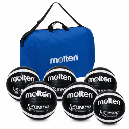 Mingi Baschet Molten Outdoor – Pentru Asfalt, Beton și Terenuri Exterioare - Pachet 6 mingi baschet Molten B7D3500-KS, marimea 7, pentru terenuri outdoor, negru / argintiu + geanta Molten pentru 6 mingi