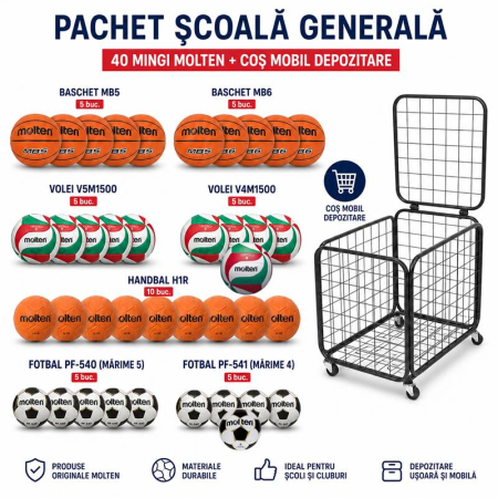 Pachete mingi pentru cluburi fotbal - Pachet scoala generala – 40 mingi Molten pentru baschet, volei, handbal si fotbal + cos mobil depozitare