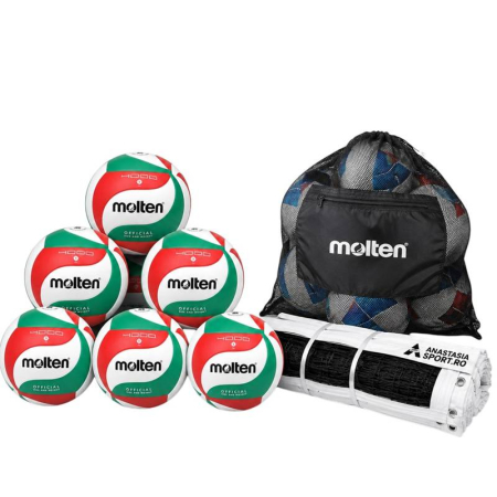 Volleyball Training & Competition Set: 7 Molten V5M4000 Volleyballs + Molten SBP Ball Bag + Professional 9.5 × 1 m Volleyball Net [1]