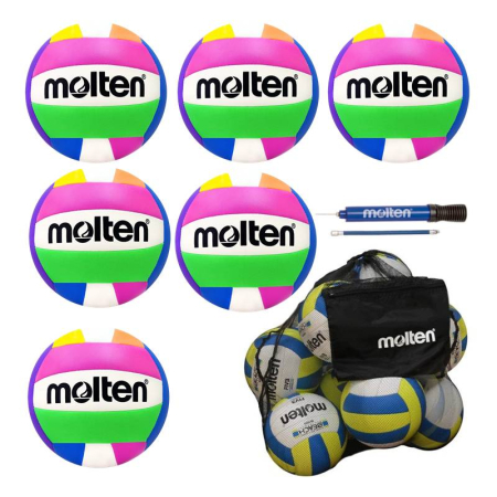 Molten Volleyballs for Training, Schools and Recreational Play - Package of 6 Molten MS500-Neon outdoor volleyballs + SBP ball bag + DHP21 pump