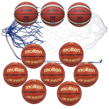 Pachet mingi baschet Molten marime 5 - Pachet baschet Molten "Tranziție și Progres", 7 mingi Light B5C3800-L + 3 mingi FIBA B5G4050 + plasă BN10