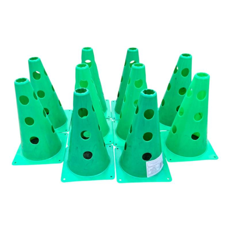Set of 10 Sportech Training Cones 30 cm, with Holes for Training Poles, Flexible PVC, Green Color