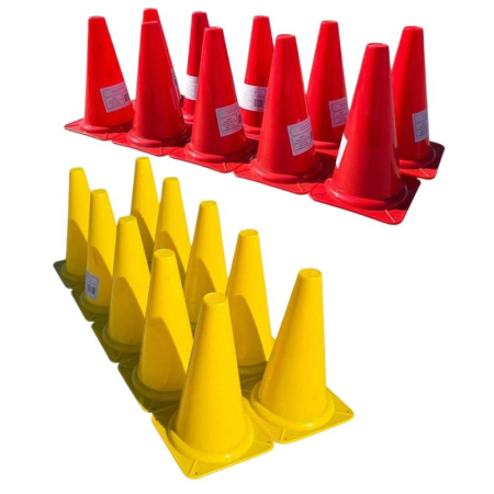 Volleyball Training Accessories – Hurdles, Cones, Ladders, Obstacles - Set of 10 Training Cones Sportech 30 cm, Flexible PVC, for Coordination and Field Marking, Yellow or Red