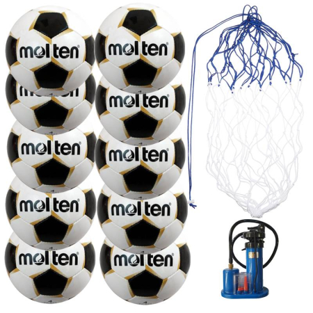 Packages for football clubs - Set of 10 Molten PF540 Footballs Size 5 + BN10 Ball Carry Net + Strong 1517 Pump – Training Set for Schools and Clubs