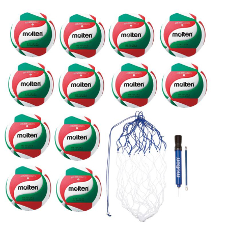 Pachete de mingi Molten pentru cluburi volei - Set 12 mingi volei Molten V5M2200 Super Soft Touch + pompa Molten DHP21 + plasa transport BN10