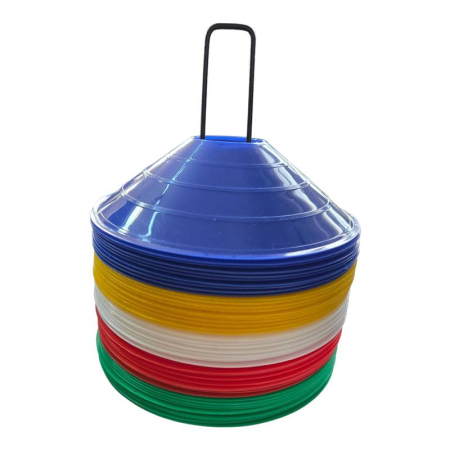 Volleyball Training Accessories – Hurdles, Cones, Ladders, Obstacles - Set of 50 Training Marker Cones / Discs Sportech, Flexible PVC, Ø19 cm, Height 5 cm, with Carry Holder