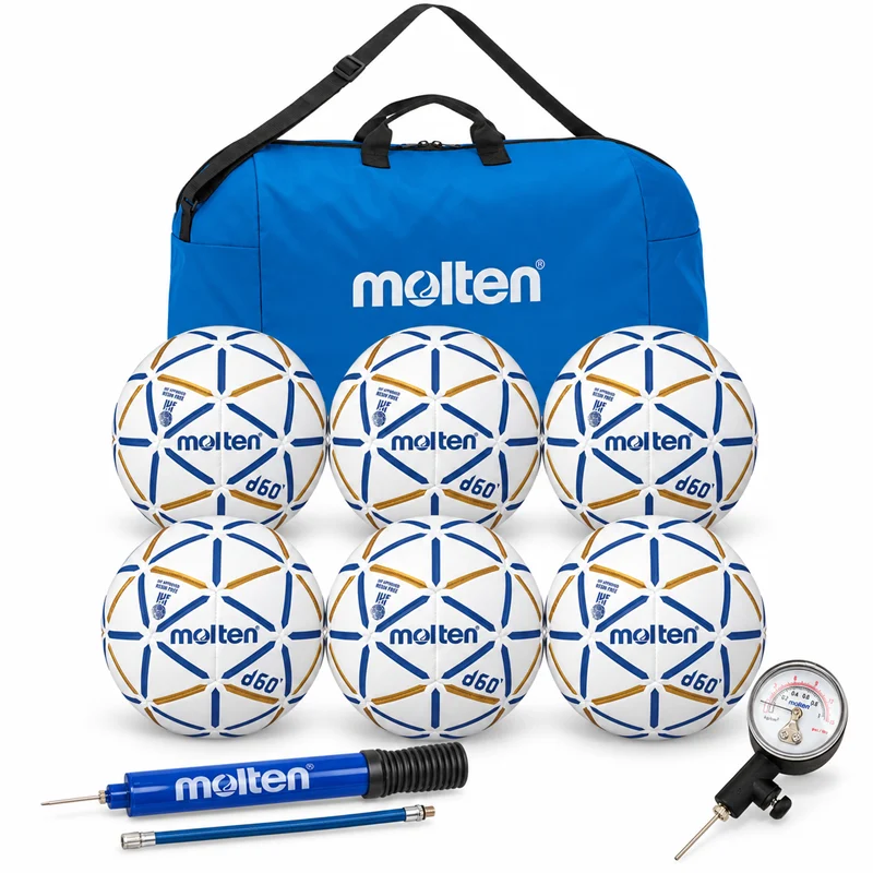 Promotional Molten Handball Ball Packages for Clubs and Schools - Set of 6 Molten D60 Handballs Size 2 + Ball Bag + Pump + Pressure Gauge