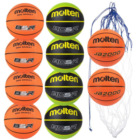 Basketball Training & Development Ball Sets - Molten basketball training set, 4 basketballs, B5R + BC5R2 + JB2000-L + BN10 ball net
