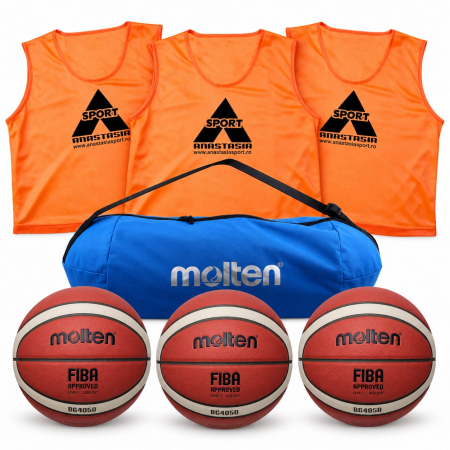 Pachet mingi baschet Molten marime 5 - Basketball Set: 3 Molten B5G4050 Size 5 Balls + Bag + 3 Orange Training Bibs, Size S