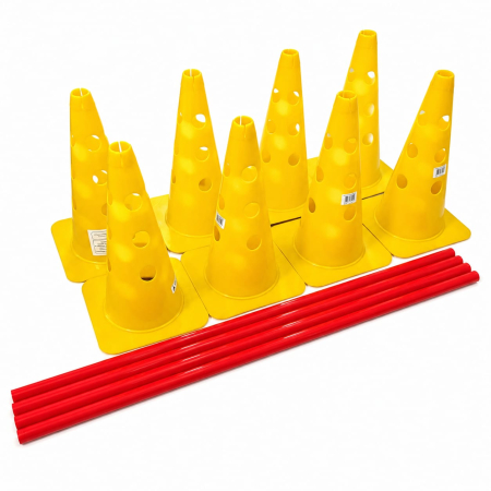 Set pentru antrenament: 10 cercuri gimnastica,  set 5 obstacole, 50 copete / jaloane, 8 conuri + 4 baghete, 1 scarita [2]
