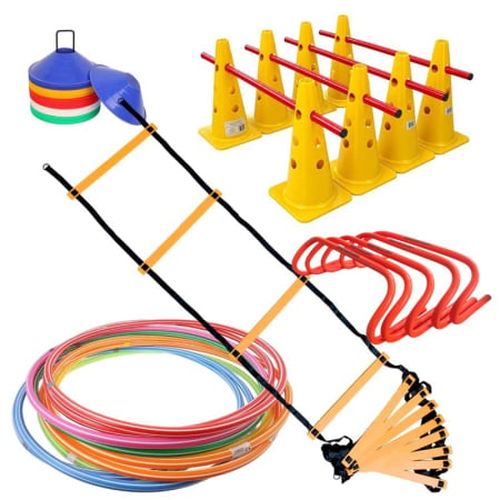 Training set: 10 gymnastic hoops, set of 5 hurdles, 50 sticks/bars, 8 cones + 4 batons, 1 ladder