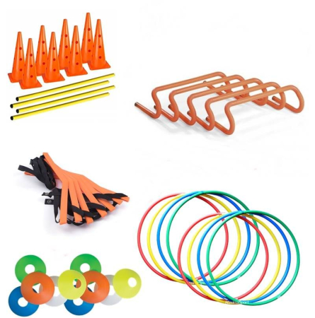 Saltele gimnastica - Training set: 10 gymnastic hoops, set of 5 hurdles, 50 sticks/bars, 8 cones + 4 batons, 1 ladder