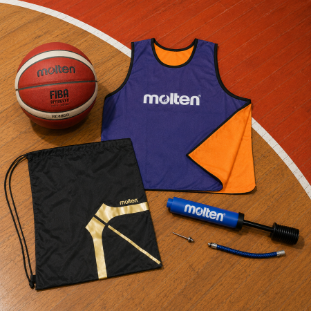 Mingi baschet Molten - Set premium baschet juniori minge Molten B5G4050 marimea 5 aprobata FIBA, maieu vesta reversibil, rucsac si pompa