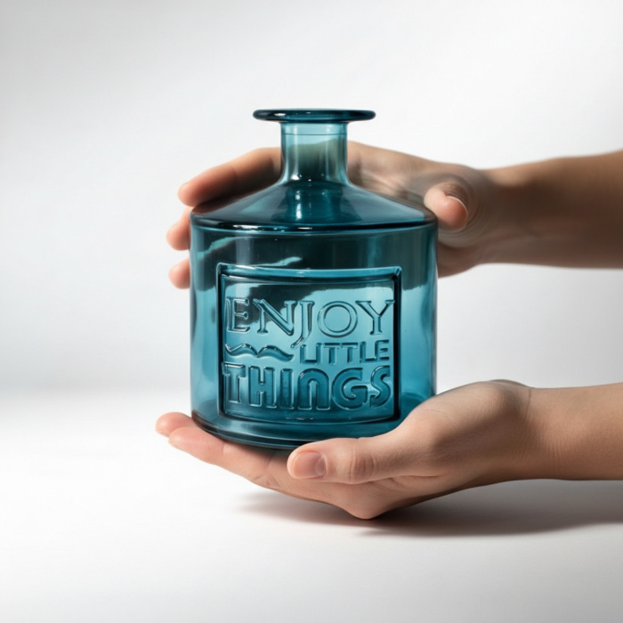 Vază decorativă din sticlă albastră cu inscripție -vedere frontală [5]