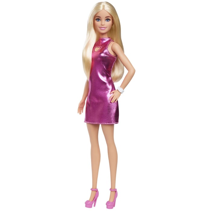 BARBIE FASHIONISTAS PAPUSA BARBIE BLONDA CU ROCHIE ROZ METALIZAT [3]